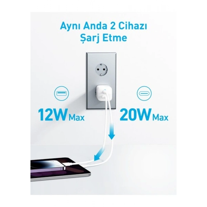 Anker 323 33W USB-C + USB-A Hızlı Şarj Cihazı -(USB-C PD 20W + USB-A 12W) iPhone & Android ile Uyumlu Type-C Hızlı Şarj Adaptörü - A2331 - Beyaz (Anker Türkiye Garantili)