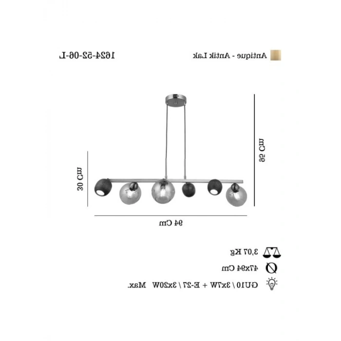 Antik Lak Renkli 3+3 Avize - Cam ve Metal Tasarım