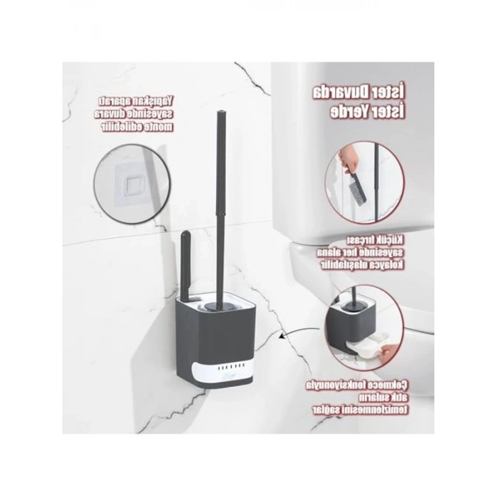 Antrasit Beyaz Tuvalet Fırçalığı, Pratik Banyo Temizlik Aracı
