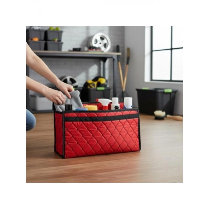 Araç Bagaj Organizeri, Katlanabilir, Kırmızı Deri Kumaş