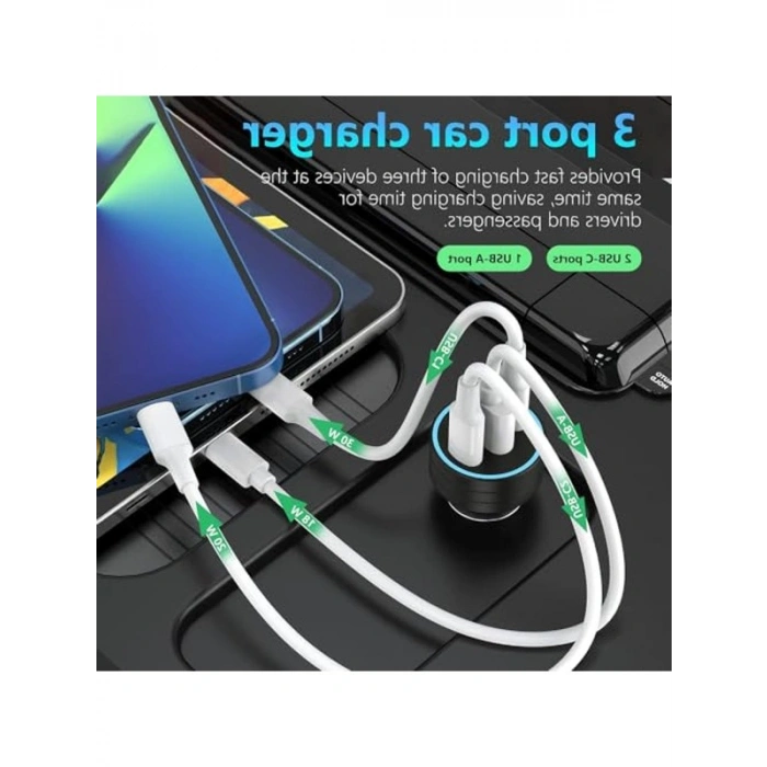Araç İçi 60W PD Hızlı Şarj Aleti, 2x Type-C ve 1x USB 3.0 Portu