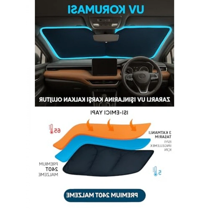 Araç Ön Cam Güneşlik, 78-68 cm, 2 Parça, UV Koruma