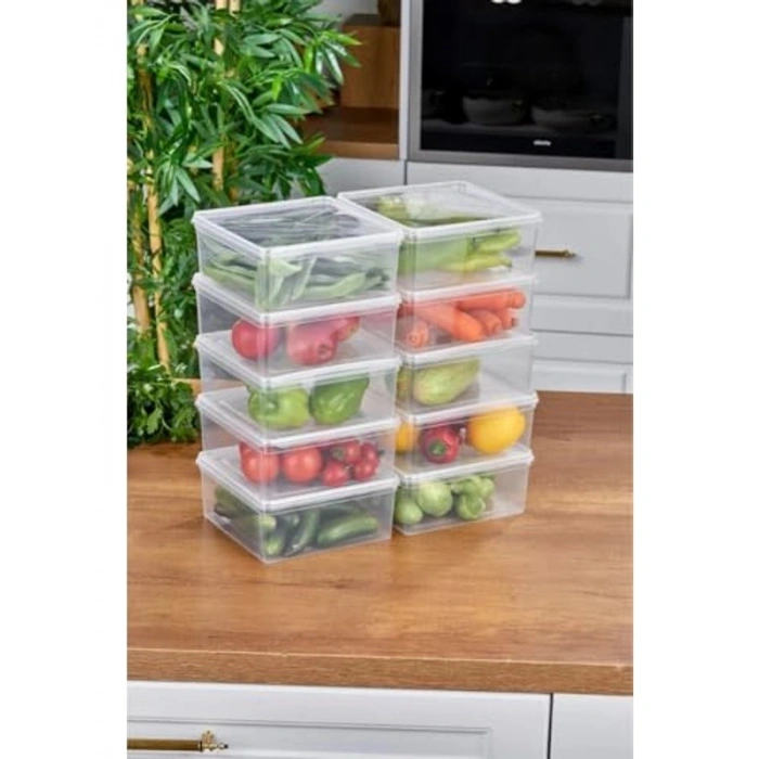 Arel - 15li Set Saklama Kabı, 10 Adet 500ml Mini Boy Dikdörtgen ve 5 Adet 2500ml Kare Şeffaf Kendinden Kapaklı Saklama Kabı, BPA İçermez, Buzdolabı, Dondurucu ve Dolap Organizeri
