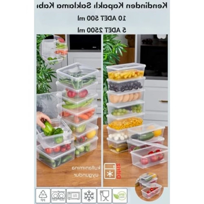 Arel - 15li Set Saklama Kabı, 10 Adet 500ml Mini Boy Dikdörtgen ve 5 Adet 2500ml Kare Şeffaf Kendinden Kapaklı Saklama Kabı, BPA İçermez, Buzdolabı, Dondurucu ve Dolap Organizeri
