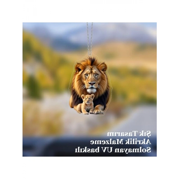 Aslan Figürlü Araba Ayna Süsü - UV Baskılı Pleksi Malzeme