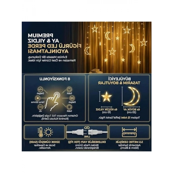 Ay Yıldız Figürlü Perde Led Işık, 3.5 Metre Uzunluk