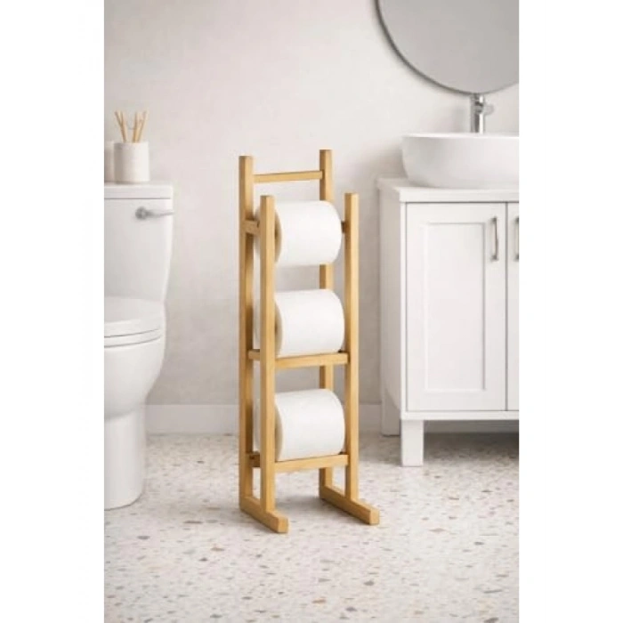 Ayaklı Bambu Ahşap Tuvalet Kağıtlığı | 3lü Yedekleme Kapasitesi