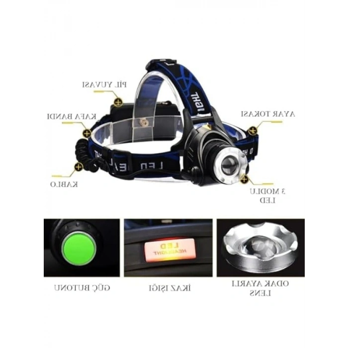 Ayarlanabilir Zoom Özellikli Şarjlı Led Kafa Feneri - 3 Modlu