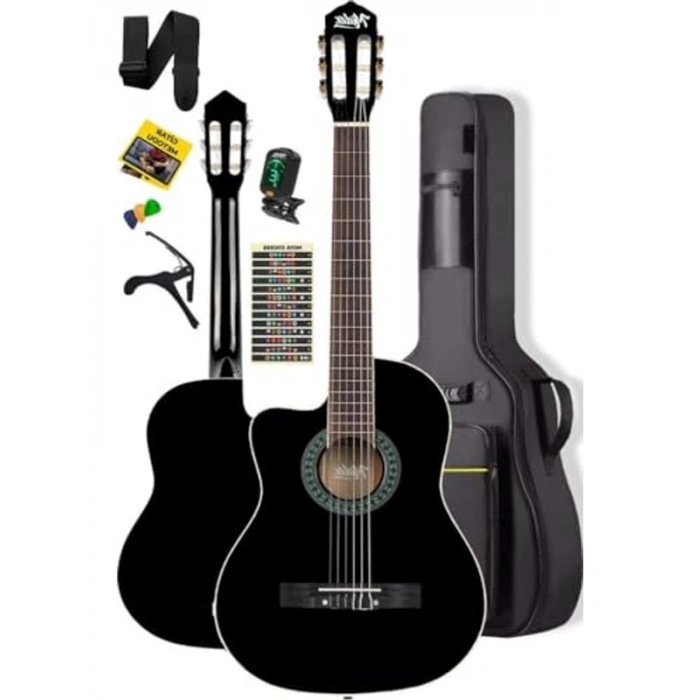 Ayarlı sap ile klasik gitar seti, çanta ve aksesuarlar dahil