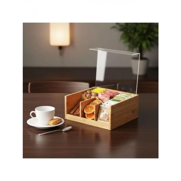 Bambu 6 Bölmeli Çay Kutusu - Şeffaf Kapaklı, Doğal Malzeme