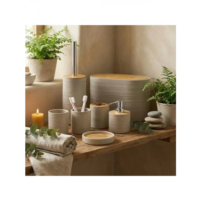 Bambu Detaylı 8L Çöp Kovası, 24x26x16 cm Banyo Seti