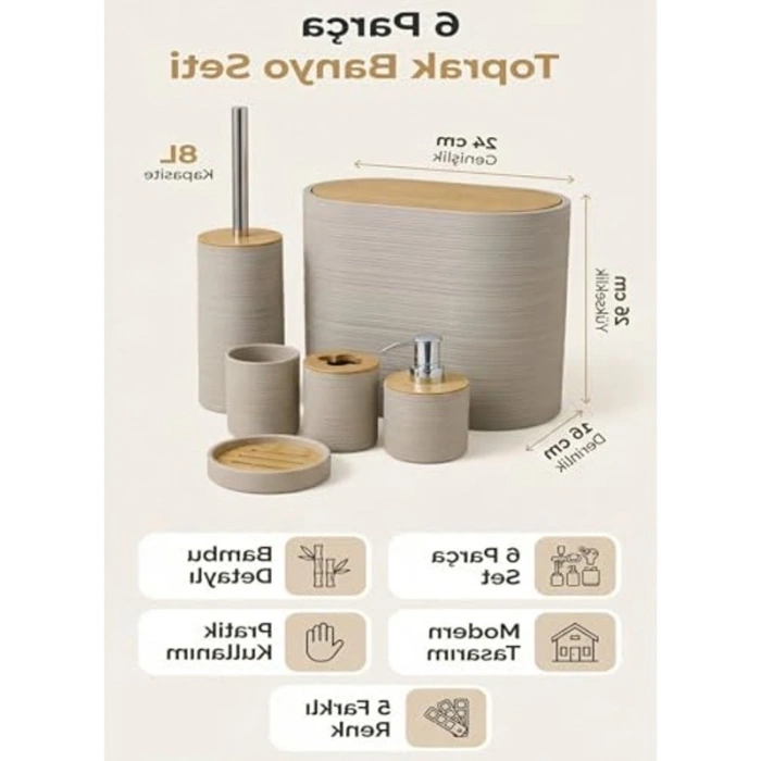 Bambu Detaylı 8L Çöp Kovası, 24x26x16 cm Banyo Seti