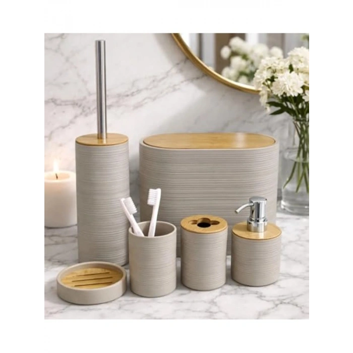 Bambu Detaylı 8L Çöp Kovası, 24x26x16 cm Banyo Seti
