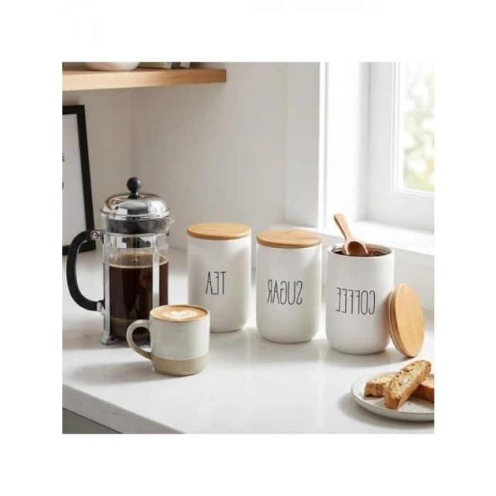 Bambu Kapaklı Seramik Kavanoz Seti - 3lü