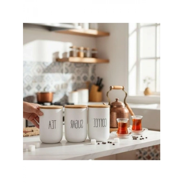 Bambu Kapaklı Seramik Kavanoz Seti - 3lü