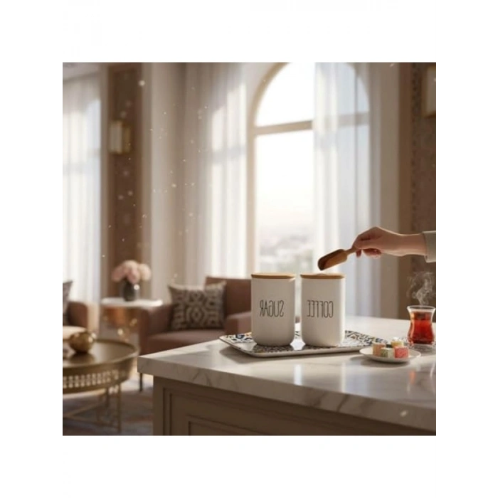 Bambu Kapaklı Seramik Kavanoz Seti - 3lü