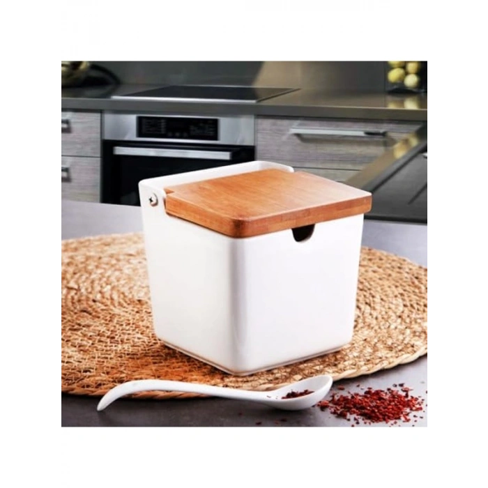 Bambu Kapaklı Tuzluk, Porselen Kaşıklı Saklama Kabı ile Pratik Kullanım