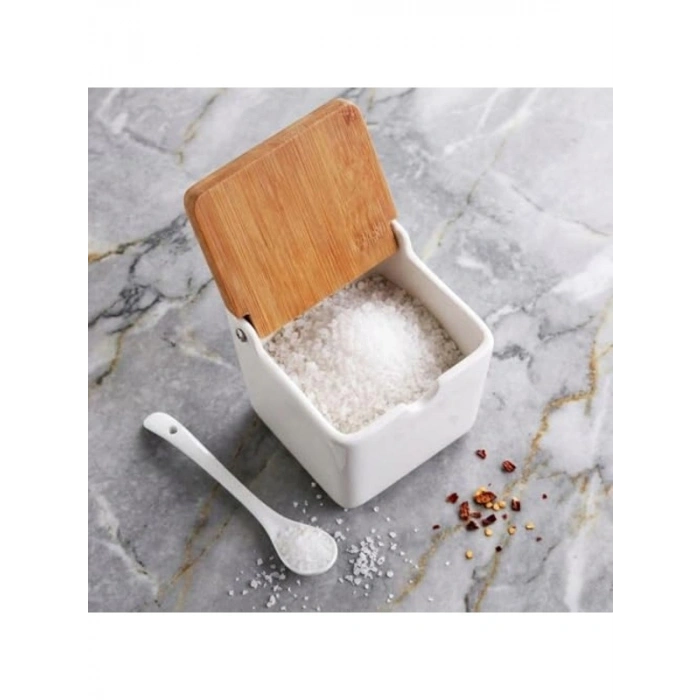 Bambu Kapaklı Tuzluk, Porselen Kaşıklı Saklama Kabı ile Pratik Kullanım