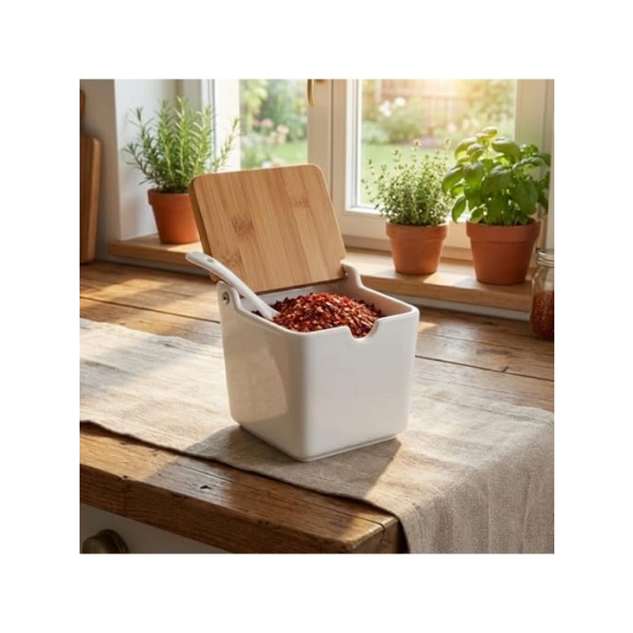 Bambu Kapaklı Tuzluk, Porselen Kaşıklı Saklama Kabı ile Pratik Kullanım