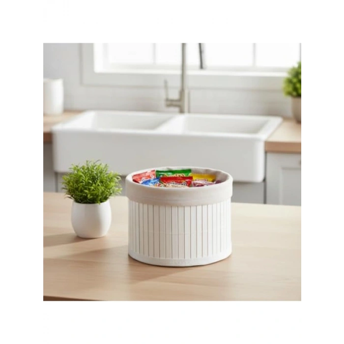 Bambu Organizer – Beyaz Çıtalı Çok Amaçlı Saklama Sepeti (18x13 cm)