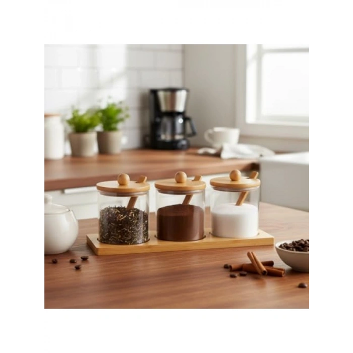 Bambu Standlı 3lü Cam Baharatlık Seti