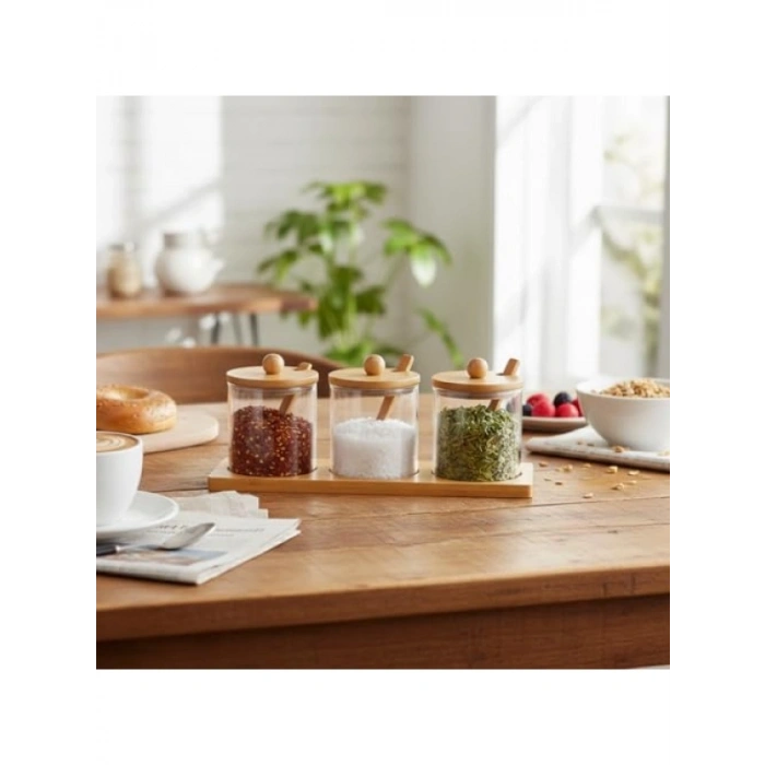 Bambu Standlı 3lü Cam Baharatlık Seti
