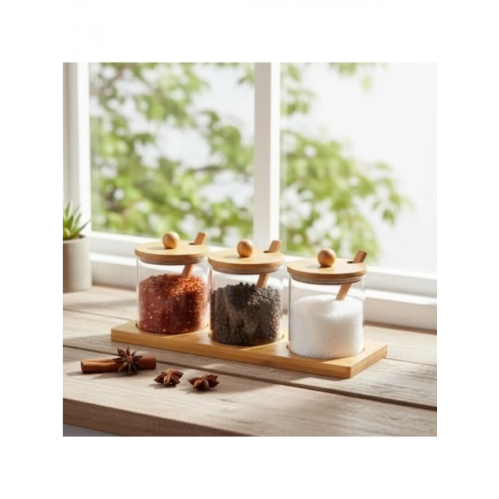 Bambu Standlı 3lü Cam Baharatlık Seti