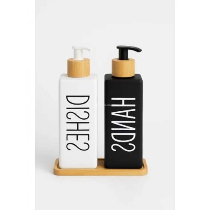 Bambu Tepsili Bulaşık Deterjanlık ve Sabunluk Seti