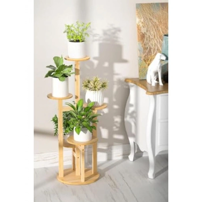 Bambu Yuvarlak Form 5 Raflı Saksılık, Pratik Organizer