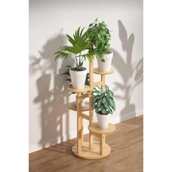 Bambu Yuvarlak Form 5 Raflı Saksılık, Pratik Organizer