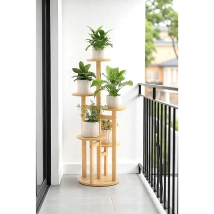 Bambu Yuvarlak Form 5 Raflı Saksılık, Pratik Organizer