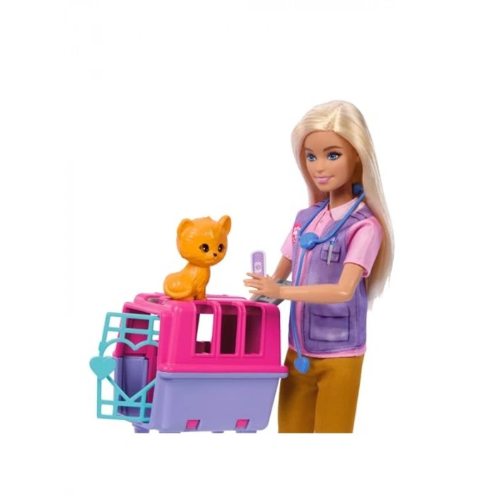 Barbie Veteriner Mini Oyun Seti Sarışın bebek, 2 hayan figürü ve aksesuarlar dahil Barbie Hayvan Kurtarma ve İyileştirme oyun seti HRG50