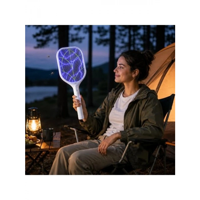 Bas Çek Düğmeli USB Şarjlı Elektrikli Sinek Öldürücü Raket LED Işıklı, 50x21 cm, Type-C Şarjlı Sivrisinek ve Haşere Öldürücü Raket 3000-3500V | GLR 219D (Beyaz)