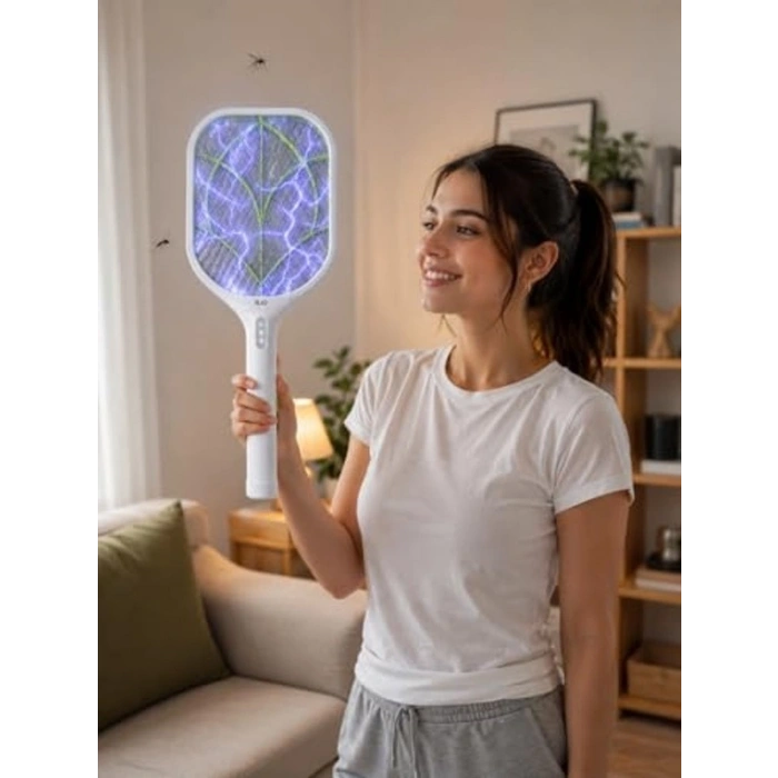 Bas Çek Düğmeli USB Şarjlı Elektrikli Sinek Öldürücü Raket LED Işıklı, 50x21 cm, Type-C Şarjlı Sivrisinek ve Haşere Öldürücü Raket 3000-3500V | GLR 219D (Beyaz)