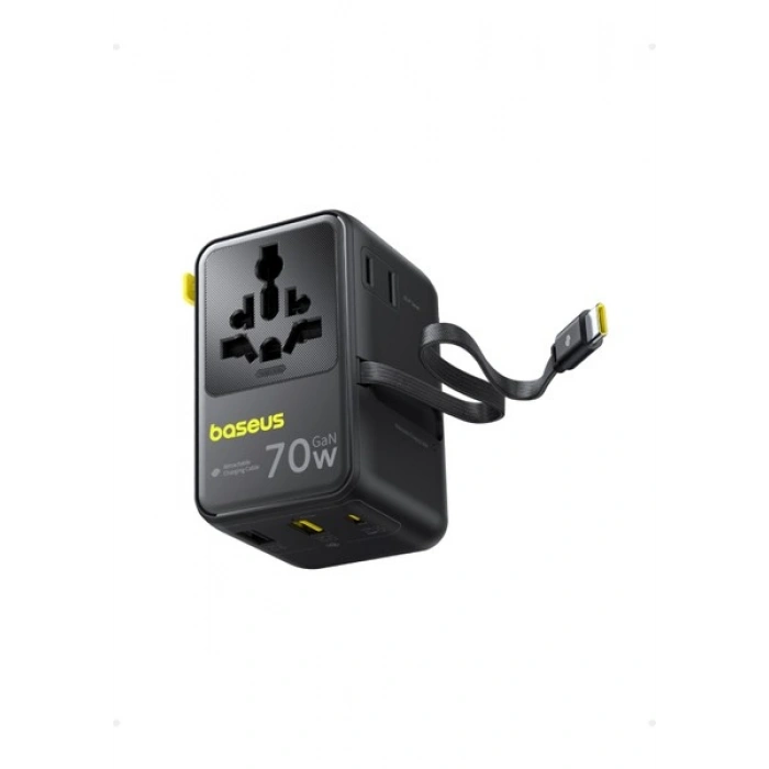 Baseus Enercore CG11 Super Hızlı Universal Seyahat Adaptörü Çekmeli Kablolu 2AC+2U+2C 70W Siyah