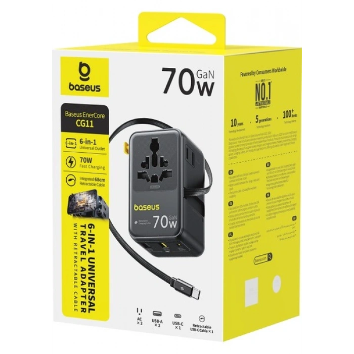 Baseus Enercore CG11 Super Hızlı Universal Seyahat Adaptörü Çekmeli Kablolu 2AC+2U+2C 70W Siyah