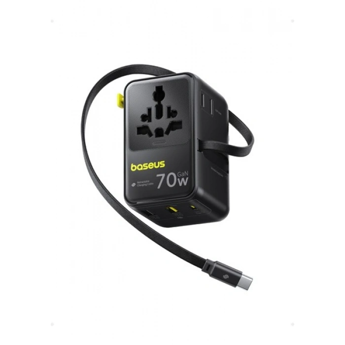 Baseus Enercore CG11 Super Hızlı Universal Seyahat Adaptörü Çekmeli Kablolu 2AC+2U+2C 70W Siyah
