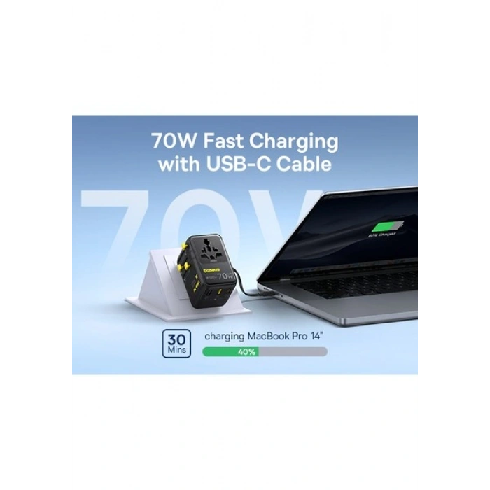 Baseus Enercore CG11 Super Hızlı Universal Seyahat Adaptörü Çekmeli Kablolu 2AC+2U+2C 70W Siyah