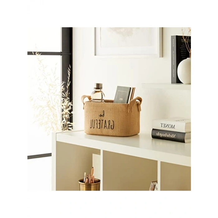 Baskılı Jüt Dikdörtgen Sepet, 24x17x14 cm