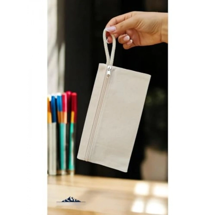 Bej Kanvas Kalem Çantası, 23x12 cm, Fermuarlı