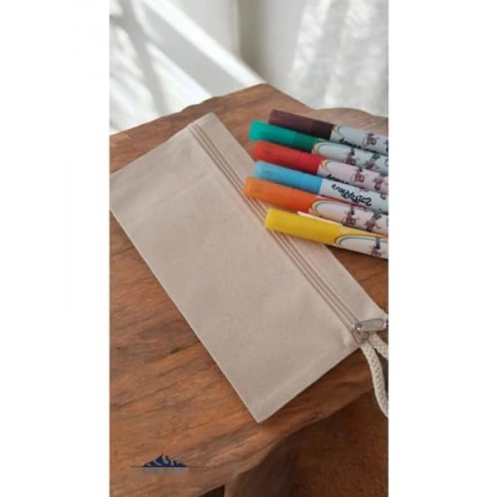 Bej Kanvas Kalem Çantası, 23x12 cm, Fermuarlı