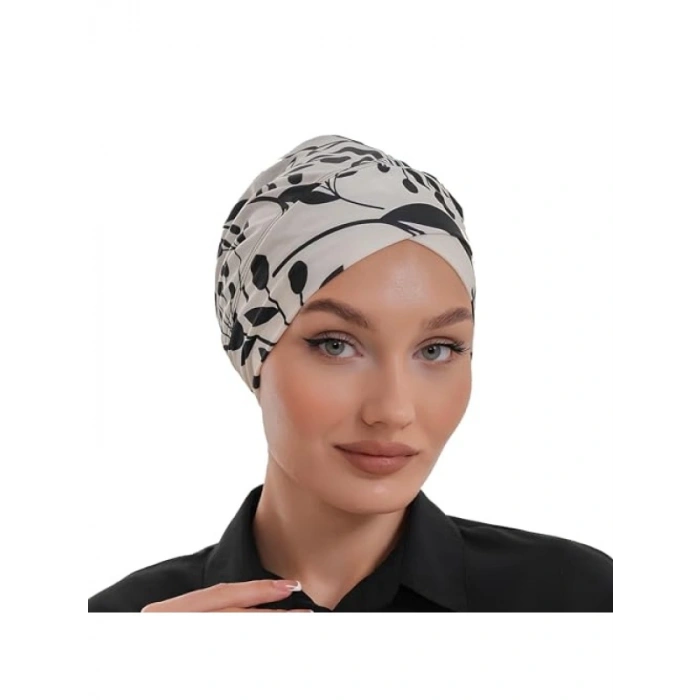 Bej Zeytin Dalı Desenli Tesettür Bone - Esnek ve Rahat