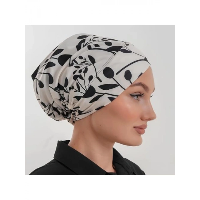 Bej Zeytin Dalı Desenli Tesettür Bone - Esnek ve Rahat