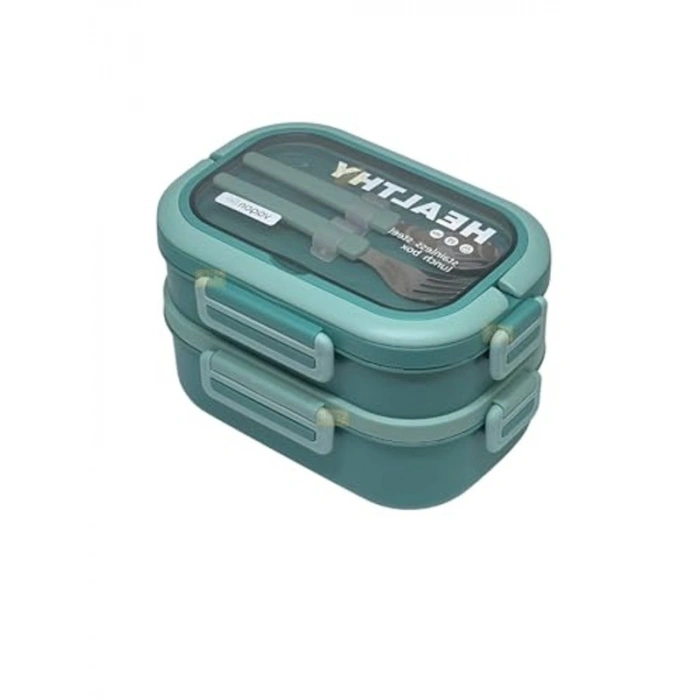Bento 1650ml Lunchbox 2 Katlı 3 Bölmeli Paslanmaz Çelik Sefer Tası Yemek Kutusu (Yeşil)