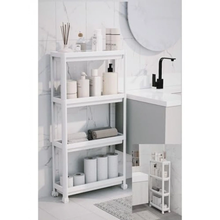 Beyaz 4 Katlı Tekerlekli Mutfak ve Banyo Düzenleyici Raf