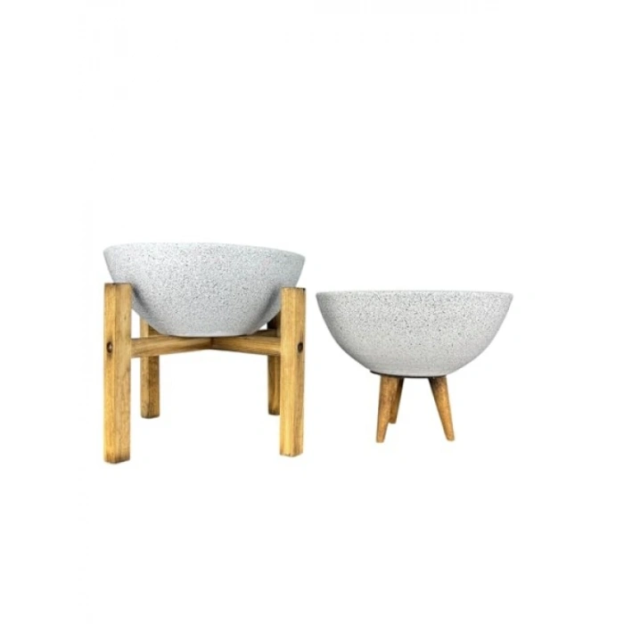 Beyaz Granit 3-4 Ayaklı İkili Set Toprak Saksı 20 cm Çap