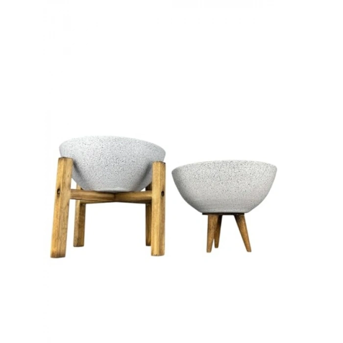 Beyaz Granit 3-4 Ayaklı İkili Set Toprak Saksı 20 cm Çap