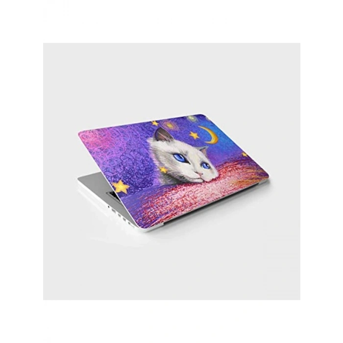 Beyaz Kedi Desenli Laptop Sticker, Bilgisayar Kaplama