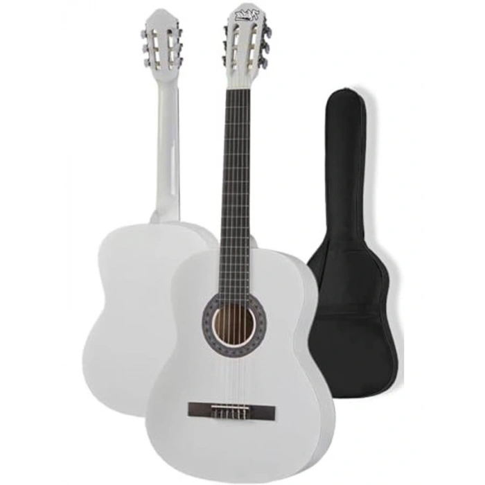 Beyaz klasik gitar, 4/4 boyut, sap ayarlı tam set