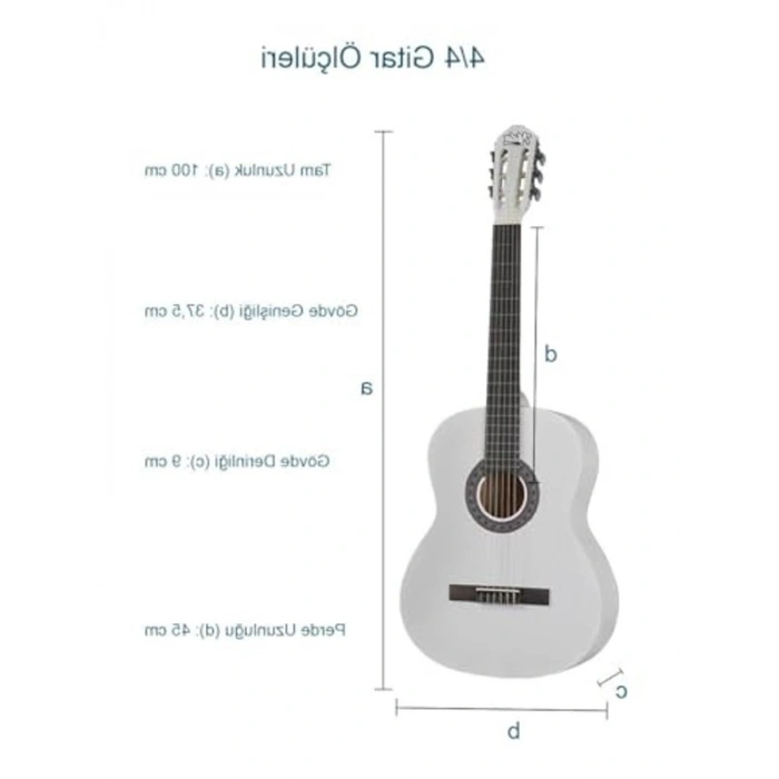 Beyaz klasik gitar, 4/4 boyut, sap ayarlı tam set